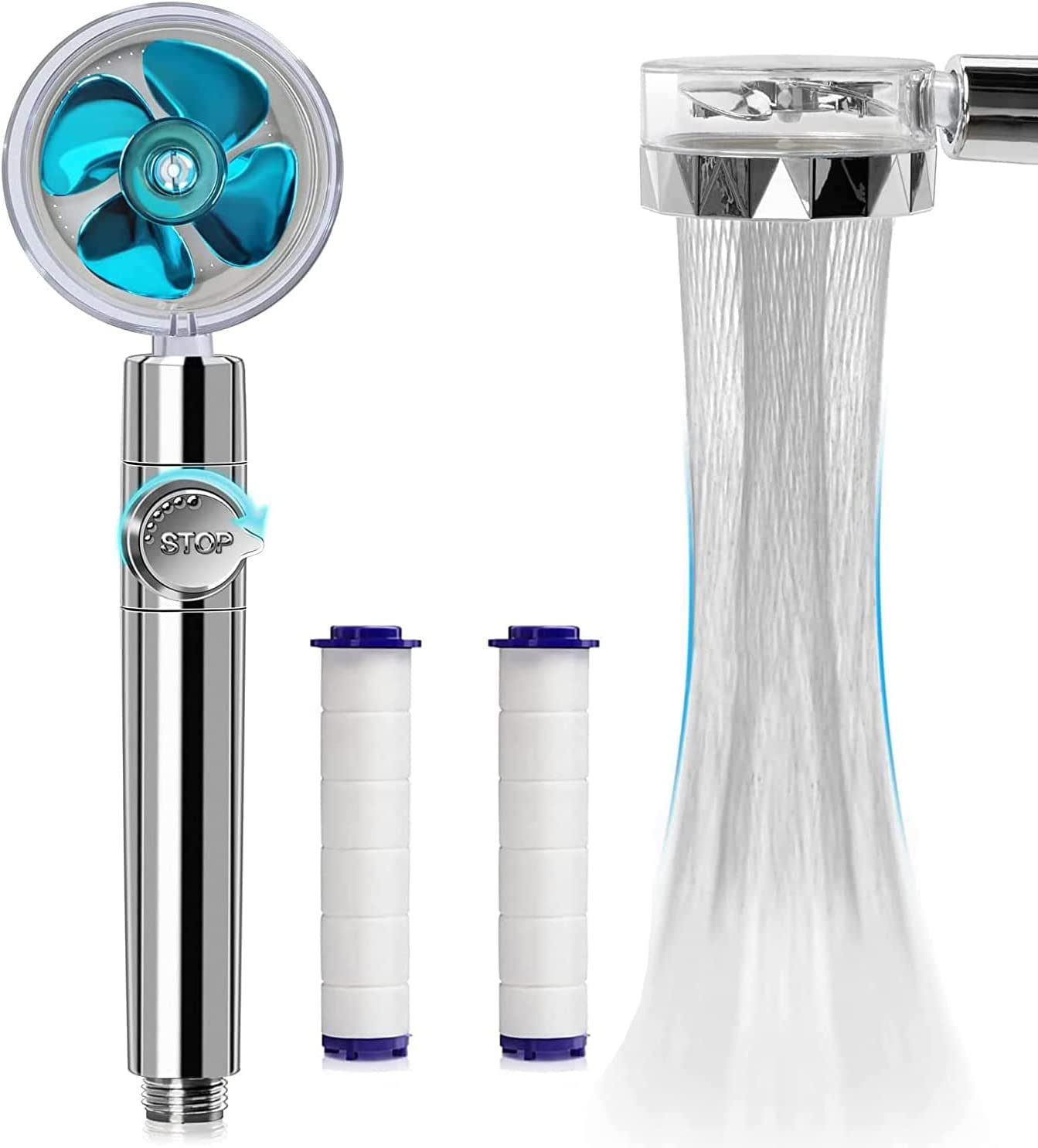 Doccia a risparmio idrico ad alta pressione, girevole a 360 gradi, con filtro, soffione turbo Spa con ventilatore e interruttore